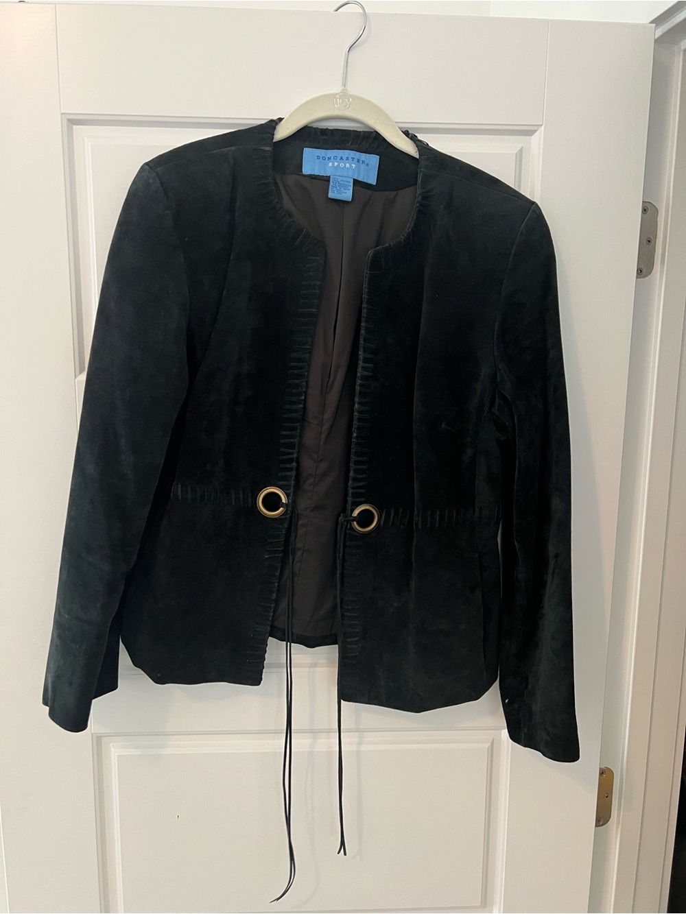NWOT Doncaster black soft suede type leather jacket with tie front and
